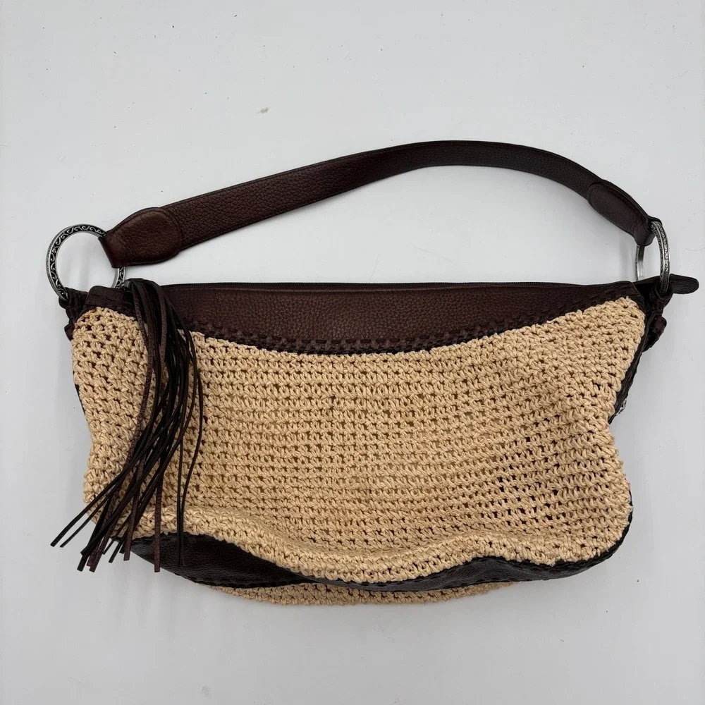 Brighton Woven Straw Leather Shoulder Bag Brown‎ Fringe Trim Boho Hobo